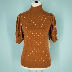 Nordstrom Halogen Polka Dot Mock Neck Sweater, Puff Sleeves, Burnt Orange/Rust
